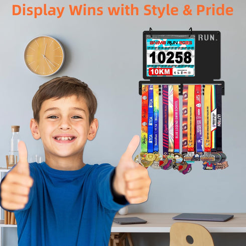16" Race Bib and Medal Display for Runners, Metal Marathon Medal Hanger Display with Bib Holder, Running Medal Hanger
