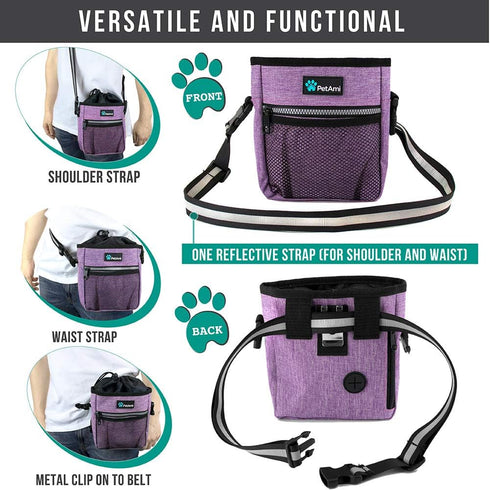 PetAmi Dog Treat Pouch - Training Bag Holder for Kibbles, Toys, and Poop Bags (Purple) - 3 Ways to Wear