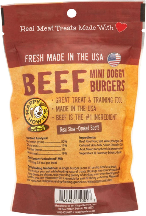 (Pack 3) Happy Howie's Mini Doggy Burgers - Natural Healthy Dog Treats, Made with Real Beef, Long Lasting, Chewy