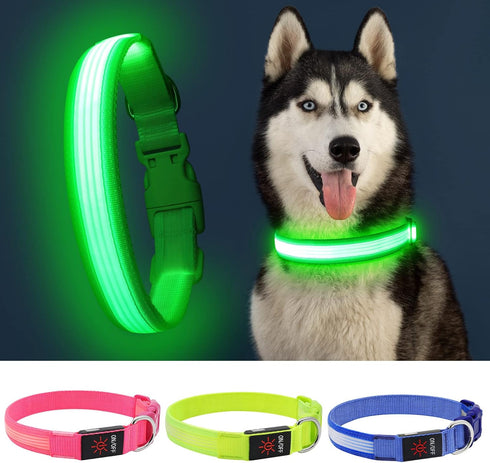 YFbrite Light Up Dog Collar, Full Adjustable Rechargeable LED Safety Glowing Collar for Night (Design 2-Green, Large)
