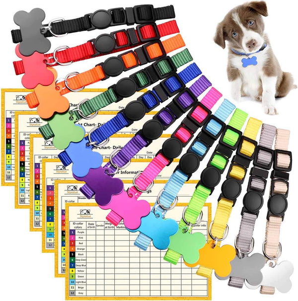 Upgraded Puppy ID Collars for Litter, Soft Nylon Breakaway Coloured Collars with 12 ID Tags and 6 Record Keeping Charts