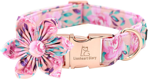 Lionheart Glory Dog Collar, Pink with Flower, Cute Floral Pattern Adjustable for X-Large Dogs