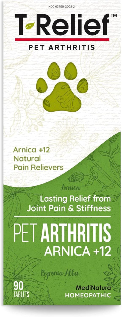 MediNatura T-Relief Pet Arthritis Relief - 90 Tablets with Arnica for Dog & Cat Hip, Joint Pain, Soreness, Stiffness