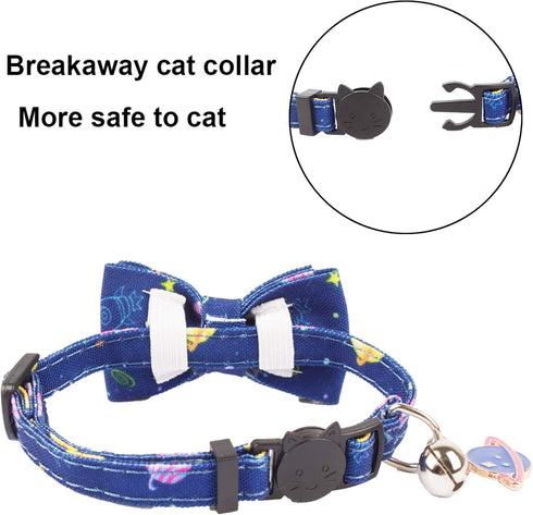 ADOGGYGO Cat Collar Breakaway, 2 Pack Kitten Collar with Removable Bowtie, Universe Dinosaur Design