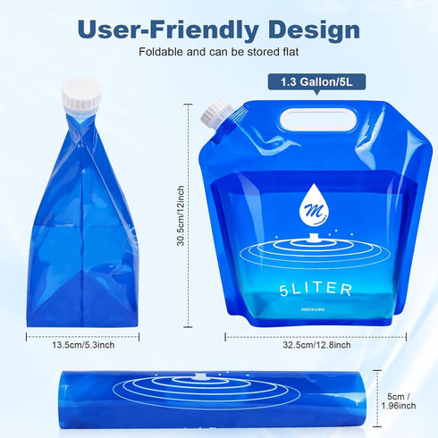 Water Container Bags, 4 Packs BPA Free Foldable Plastic 1.3 Gallon Water Container Bag for Camping Hiking Emergency