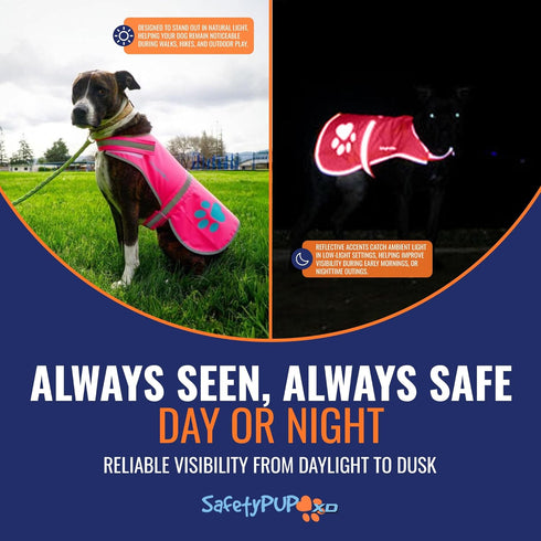 Dog Reflective Vest, Hi-Vis Fluorescent Visibility for Pet Safety On/Off Leash, Urban & Rural Areas (Pink, X-Small)