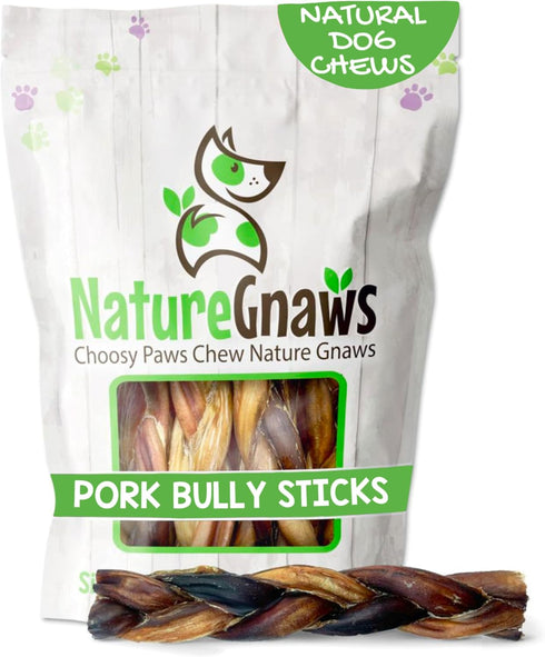 Nature Gnaws Braided Pork Bully Sticks for Dogs, 5-6" (20 Count), Natural Bacon Chew Treats