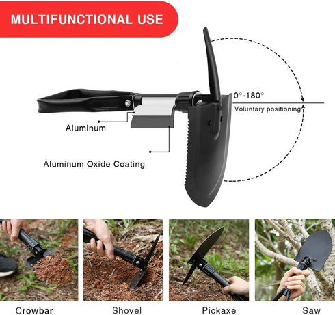 Heavy Duty 24.5" Collapsible Shovel - Foldable Camping Shovel and Pickax, Military Entrenching Tool for Outdoor Use