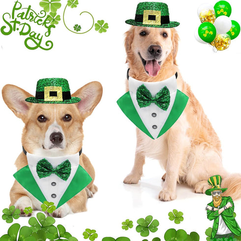 3Pack St.Patrick's Day Dog Costume Puppy Bandana Top Hat Green Shamrock Bow Tie Collar Adjustable Pet Scarf Formal Tux Clothes Irish Tuxedo Outfits for Dogs Cat Dress (3Pcs Irish Hat Tux Bow, Medium)