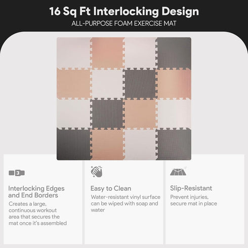16-Pack 12x12 Inches 0.4-Inch 16 BalanceFrom EVA Interlocking Foam Play Tile Mat, Cream/Gray/Beige Thick Non-Slip