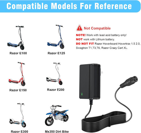 Generic 24V E300 E200 E150 E125 E100 MX350 3-Prong Electric Scooter Charger for Razor Dirt Bike Pocket Mod Sports Mod