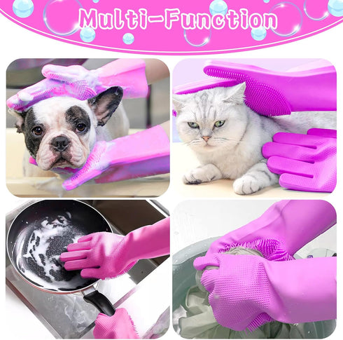 Dog Bath Gloves with 4 Pack Dog Toothbrush - Grooming Kit for Small, Medium, Large Dogs, Silicone Washing Gloves