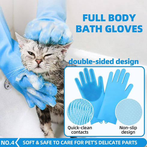 6-in-1 Bath Grooming Kit with Hair Brush, Towel & Scrubber Gloves - Slicker Brush for Shedding Dogs & Cats, Blue