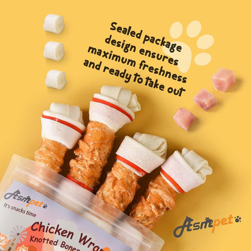 6.5" Breeds4 ASMPET Dog Treats Chews, Chicken Wrapped Rawhide Knotted Bones Dental Care Chews for Small Medium Large