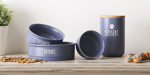 Bone Dry Ceramic Pet Bowls for Dogs & Cats, Dishwasher & Microwave Safe, Non-Slip Bottom, Medium Set, French Blue
