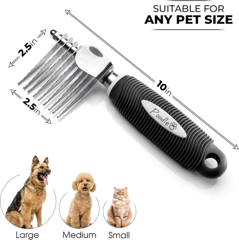 Poodle Pet Dematting Fur Rake Comb Brush Tool - Dog and Cat Comb with Long 2.5 Inches Steel Safety Blades (Black)