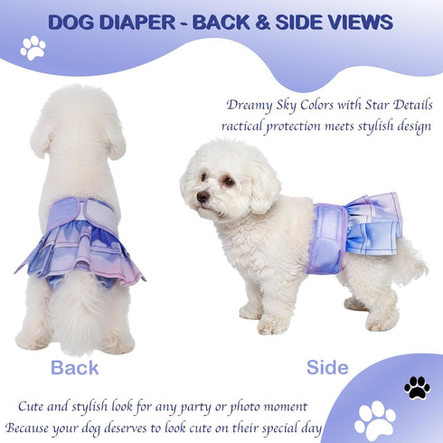 3 Pack Reusable Dog Diapers Female, Washable Doggie Diaper with Skirt Pastel Starry Design, Highly Absorbent Leak-Proof