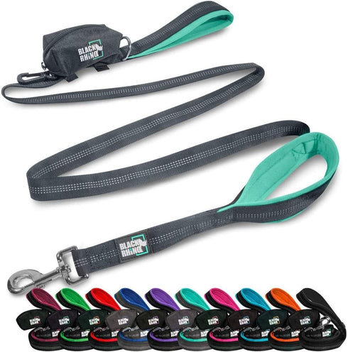 Black Rhino Heavy Duty Dog Leash, 6 ft Long, Double Handle, Padded Traffic Control, Reflective, Aqua