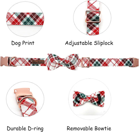 Dog Collar, Christmas Dog Collar Plaid Pet Collar Bow Holiday Dog Collar Bows Girl Boy Bow Dog Collar Puppy Collar Adjustable Dog Collar for Medium Dogs