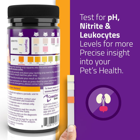 CheckUp Cat and Dog UTI Urine Test Strips, 3 Parameters CheckUp in 1 - pH, Nitrite and Leukocytes Levels x50