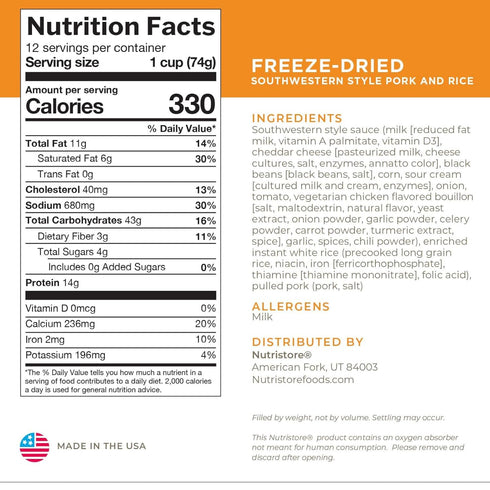 Nutristore Freeze-Dried Southwestern Style Pork and Rice - Emergency Survival Meal, 25 Year Shelf Life, USDA Inspected