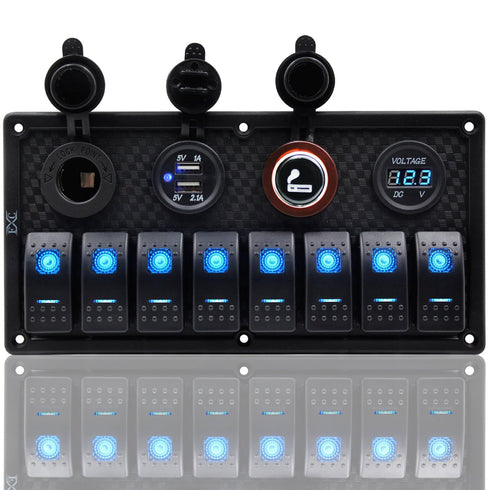 FXC 12V 24V Blue LED ON/Off Marine Multi Function Switch Panel - Waterproof 8 Gang Rocker Switch Panel