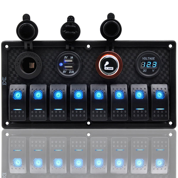 FXC 12V 24V Blue LED ON/Off Marine Multi Function Switch Panel - Waterproof 8 Gang Rocker Switch Panel