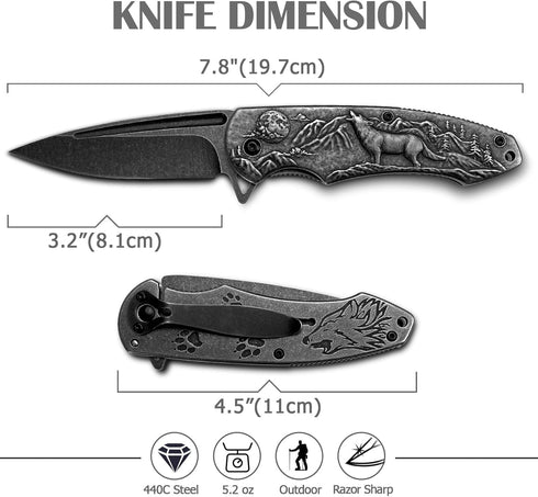 MADSABRE Wolf Pattern Folding Pocket Knife - Stone Washed Steel Handle, Liner Lock for Outdoor Camping and Hunting