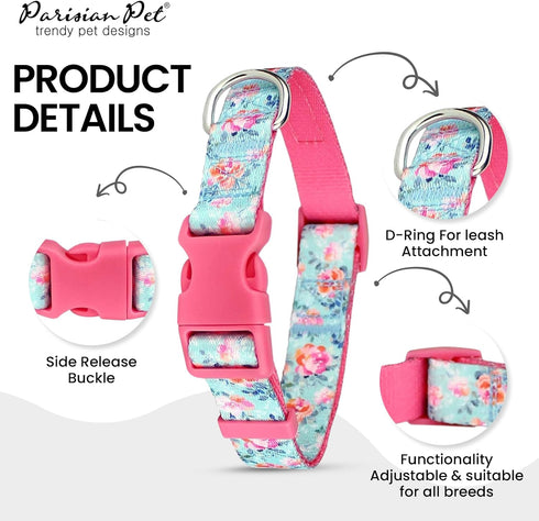 Parisian Pet Dog Collar - Adjustable “Spring Blossoms” Pattern Pink Buckle Safety Collar for Small Dogs - Breathable