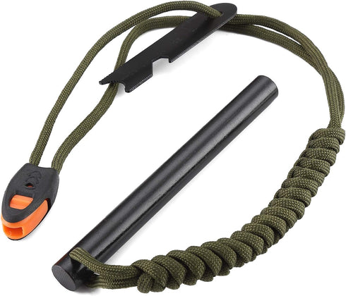 FOSTAR 5 Inch Emergency Weatherproof Flint Ferrocerium Rod Fire Starter with Whistle and Paracord Lanyard