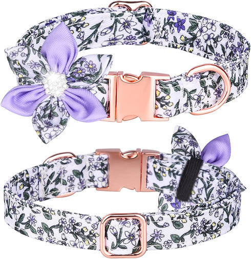 Cute Girl Dog Collars, Floral Patterns Female Collar with Detachable Rhinestone Flower for Small Medium Large Dogs (S,