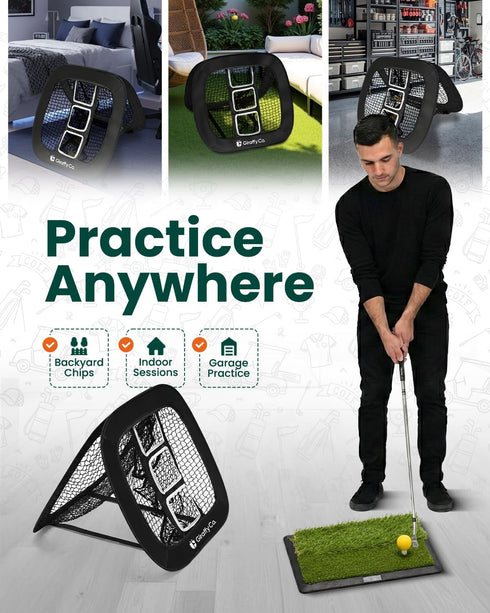 Giraffy Co. Set 3-Target Golf Chipping Net with Mat & Practice Balls - Pop-Up Chipping Net, Scoring Board, Tee & Carry