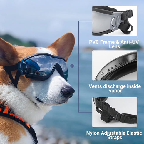 NAMSAN Dog Goggles, Anti-UV Sunglasses for Medium to Large Breeds, Windproof Eye Protection, Black