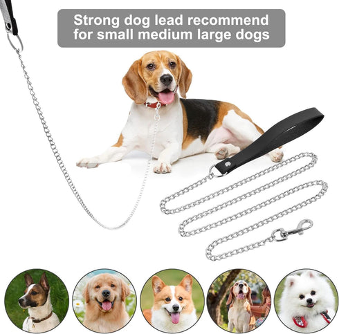 Heavy Duty Metal Dog Leash - 5FTx3mm Chew Proof Chain with Soft Padded Handle for Large & Medium Dogs
