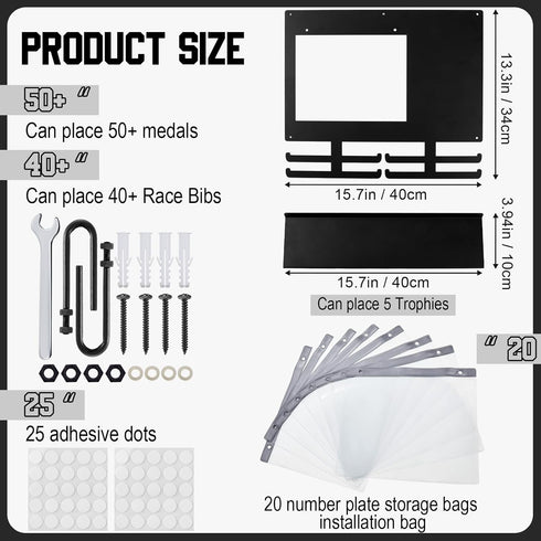50 40 5 Moxweyeni Race Medal and Bib Display with Trophy Shelf, Wall Mounted Photo Display Board, Ideal Gifts