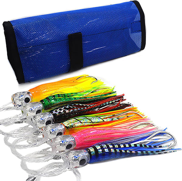 Set of 6 pcs Trolling Lure for Big Game Fishing - 9 inch / 7 inch / 6.5 inch Marlin Tuna Dolphin Shark Lures with Mesh