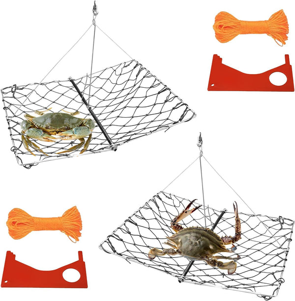 2-Pack Castable Crab Traps Foldable Crabbing Nets with Auto-Close Spring, 33ft Rope