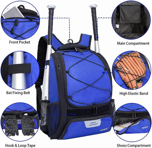 Youth Baseball Backpack Bag with Shoes Compartment, Bat Holder & Fence Hook for Softball & T-Ball Gear