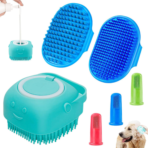 3PCS Dog Bath Brush, Shampoo Brush and Scrubber with Adjustable Ring Handle for Short & Long Hair (Blue)