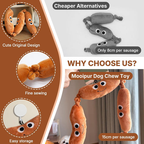 (2 Sausage Squeaky Dog Toy for Small & Medium Dogs, Squeaky Plush Chewer, Puppy Teething & Dental Care, Cotton Filled