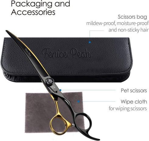 Fenice Peak 8'' Black Dog Grooming Scissors - Golden Curved Scissors with Ergonomic Offset Handle, 440C Durable and