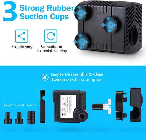 Submersible Fountain Pump 80GPH (4W 300L/H) with 4.9ft Tubing, 3 Nozzles for Aquarium, Pond, Fish Tank, Hydroponics
