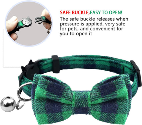 KUDES 2 Pack Cat Collar Breakaway with Bow Tie and Bell for Kitty and Puppies, Adjustable 7.8-10.5 Inch (Green+Orange)