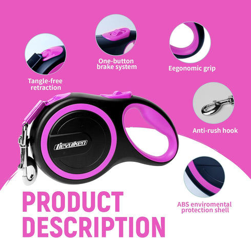 16 FT Retractable Dog Leash with No Tangle for Dogs up to 44lbs, One-Handed Brake, Strong Nylon Tape