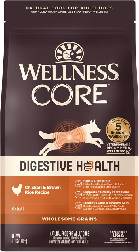 Wellness CORE Digestive Health Dry Dog Food, Highly Digestible, Real Chicken, 4-Pound Bag