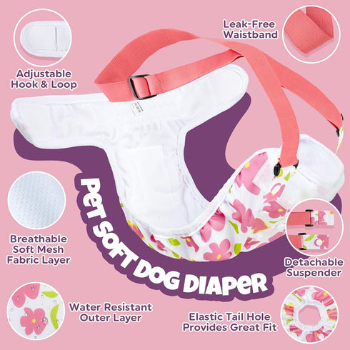 3 Pack Pet Soft Dog Diapers Female with Suspenders, Reusable Female Dog Diapers for Heat, Dog Period Panties for Doggie
