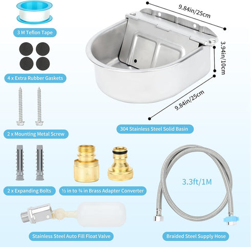 304 FHTONGE Stainless Steel Automatic Dog Water Bowl Dispenser with Drainage and Float Valves, Large Auto Fill Dog