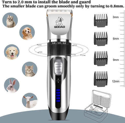 Dog Clippers Grooming Kit and Paw Trimmer, Cordless, Low Noise, Electric Quiet, Rechargeable, for Thick Coats, Silver