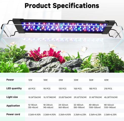 24/7 IP68 12-18 Inch AQQA LED Aquarium Light, Mode Waterproof Extendable Bracket Fish Tank Light, DIY Mode Full