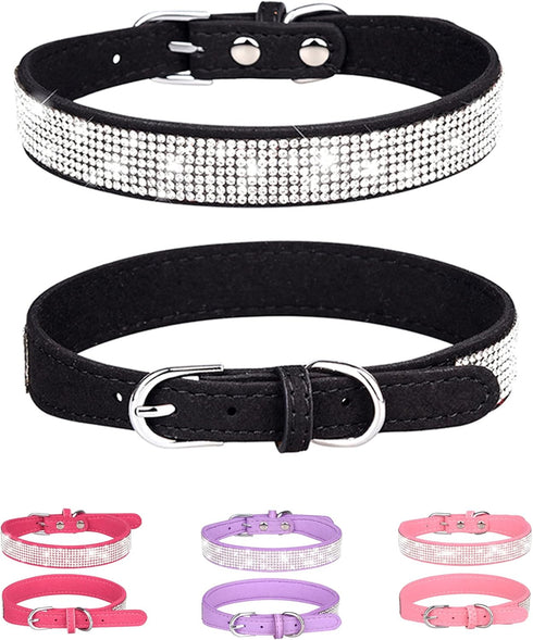 Dog Collar for Medium Dogs, Adjustable Leather Suede Bling Collar with Rhinestones - Black